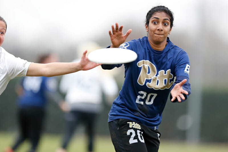 Pitt's Lakshmi Ilango tries to make a contested catch in the final against UNC at Queen City Tune Up 2019.