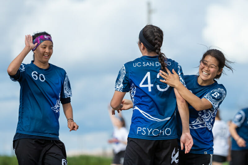 UCSD celebrates a score in the final at the 2019 Stanford Invite.