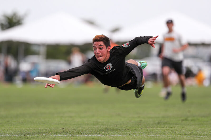 An Ohio State player leaves his feet to make the play on Day 1 of Nationals.