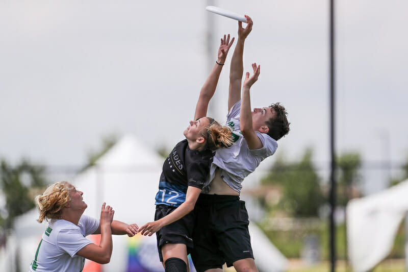 Dartmouth's Claire Trop skies the defense in the semifinals at the 2019 D-I College Championships.