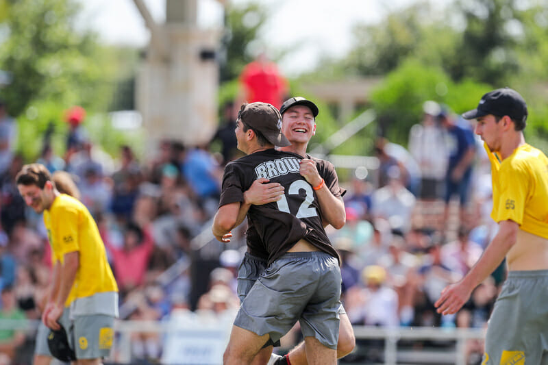 Brown's Mac Hecht and John Randolph celebrate a semifinal victory at the 2019 D-I College Championships.