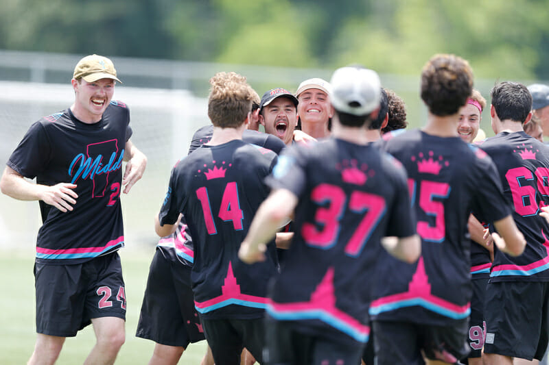 Middlebury celebrates during the final of the 2019 D-III College Championships.