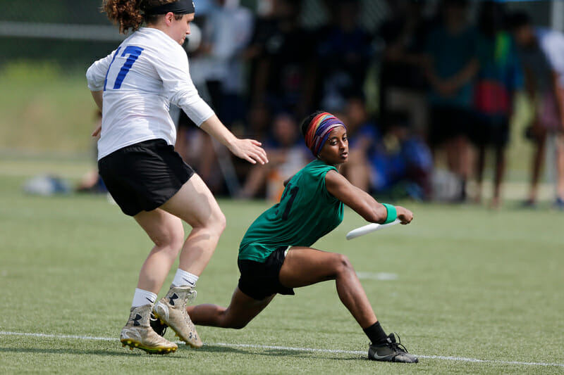 Oberlin's Helen Samuel steps around the mark in the 2019 D-III women's championship game.