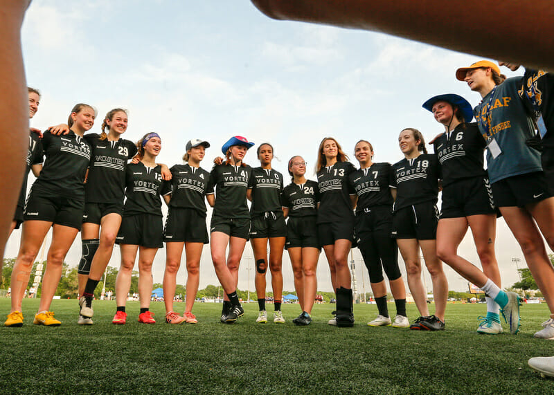 St. Olaf huddled at the 2019 D-III College Championships.