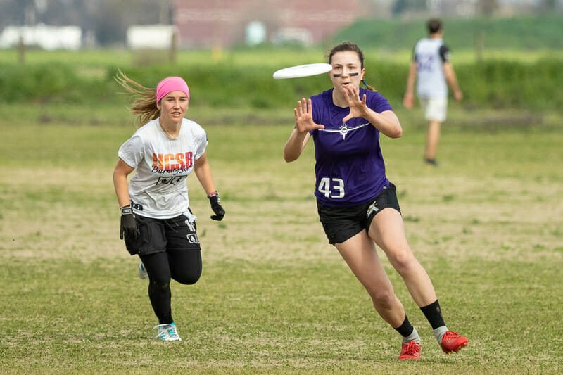 Carleton's Carly Campana prepares for a reception at Stanford Invite 2019.