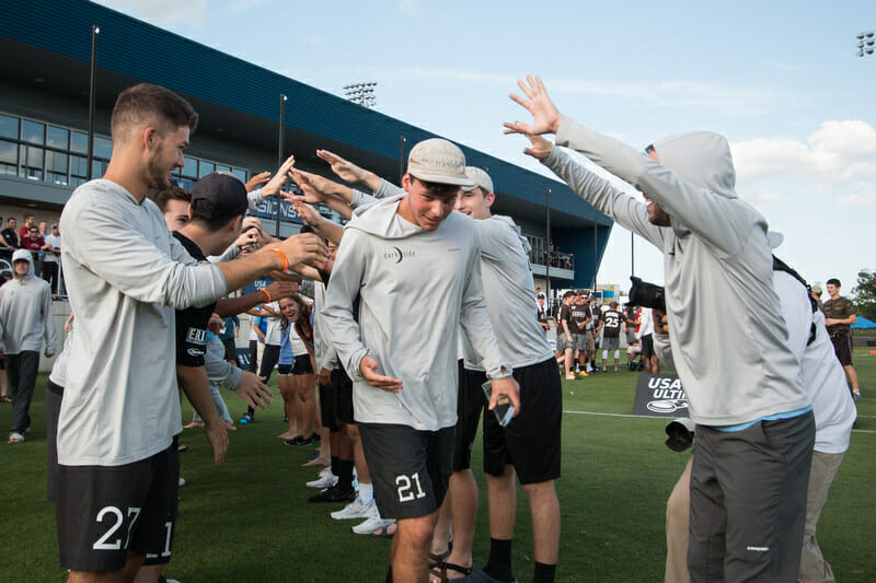 UNC's Matt Gouchoe-Hanas with his teammates after winning the Callahan. 