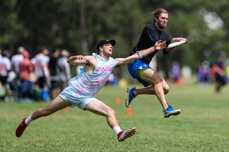 Tannor Johnson of Slow White and Peter Prial of Snake Country — two stars of the mixed division — faced off at the 2019 Boston Invite. Photo: Alec Zabrecky -- UltiPhotos.com