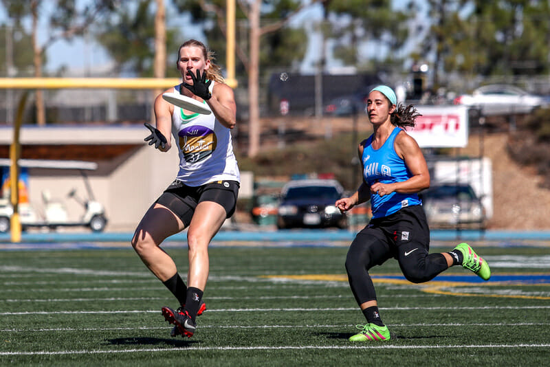 Sandy Jorgenson of Washington DC Space Heater and Raha Mozaffari of Philadelphia AMP at the 2018 Club Championships. Photo: Paul Rutherford -- UltiPhotos.com