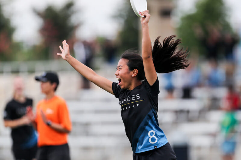 North Carolina's Alice Wang cheers at the D-I College Championships 2019.