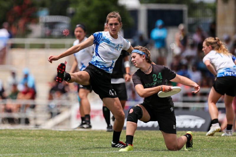 Dena Elimelech got a lot of blocks and altered a lot of throws with her feet at the 2019 D-I College Championships. Photo: Paul Rutherford -- UltiPhotos.com