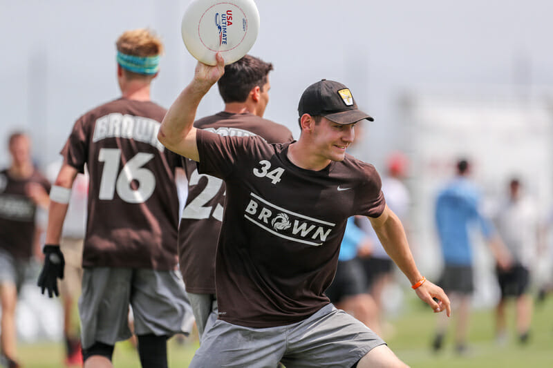 ROUND ROCK—John Randolph (Brown) celebrates during the 2019 D-I Men's Championship game. Photo: Paul Rutherford–Ultiphotos.com