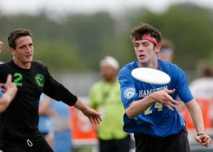 Franciscan's Louis Heisler (left) against Hamilton at the 2019 D-III College Championships. Photo: William 'Brody' Brotman -- UltiPhotos.com