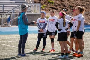 Sam Fontaine addresses a line of UCSB players at the 2019 President's Day invite. Photo: Stephen Chiang -- UltiPhotos.com