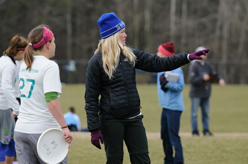 A coach calling a defense to her team. Photo: Kevin Leclaire -- UltiPhotos.com