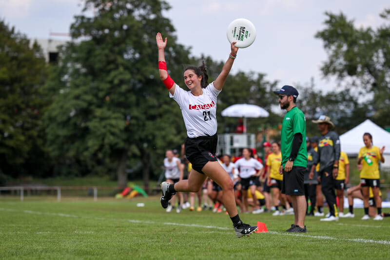 Canada celebrate their power pool victory over Colombia at the 2019 U24 World Championships. Photo: Paul Rutherford -- UltiPhotos.com