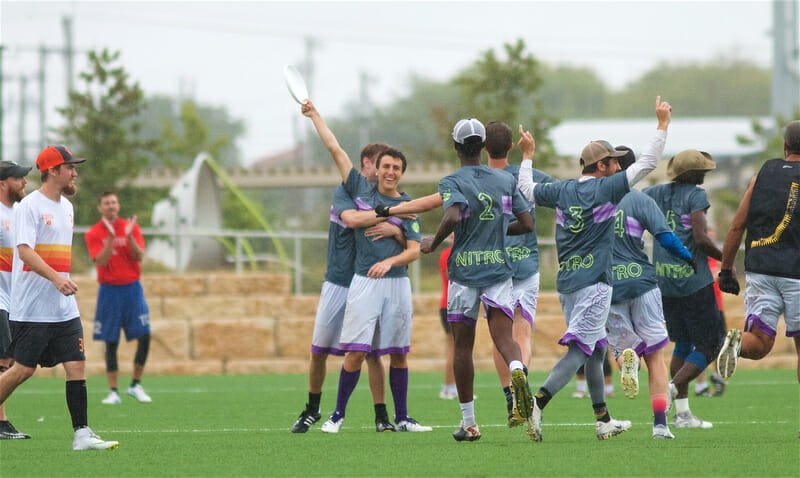 Dallas Nitro, seen here celebrating a 2018 Texas Sectional Championship, won their second straight Texas 2 Finger in 2019. Photo: Conrad Stoll -- UltiPhotos.com