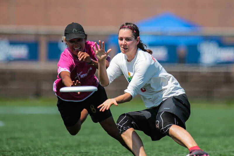 Revolution's Manuela Cardenas goes for the block against Seattle Riot at the 2019 US Open. Photo: Alex Fraser -- UltiPhotos.com