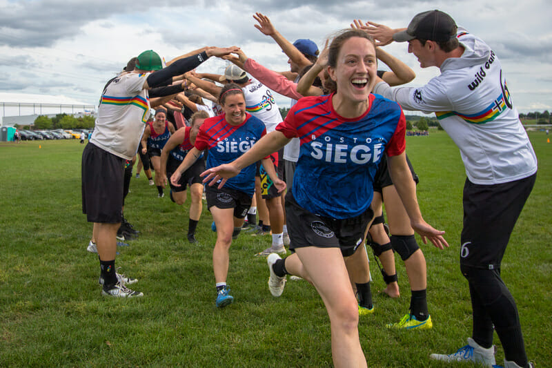 Wild Card helped celebrate with fellow Bostonians Siege after both squads won their respective divisions at the 2019 Elite-Select Challenge. Photo: Mark Olsen -- UltiPhotos.com