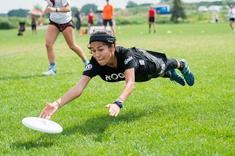 Olivia Arellano of Washington DC Rogue lays out at 2019 Youth Club Championships. Photo: Kevin Leclaire -- UltiPhotos.com