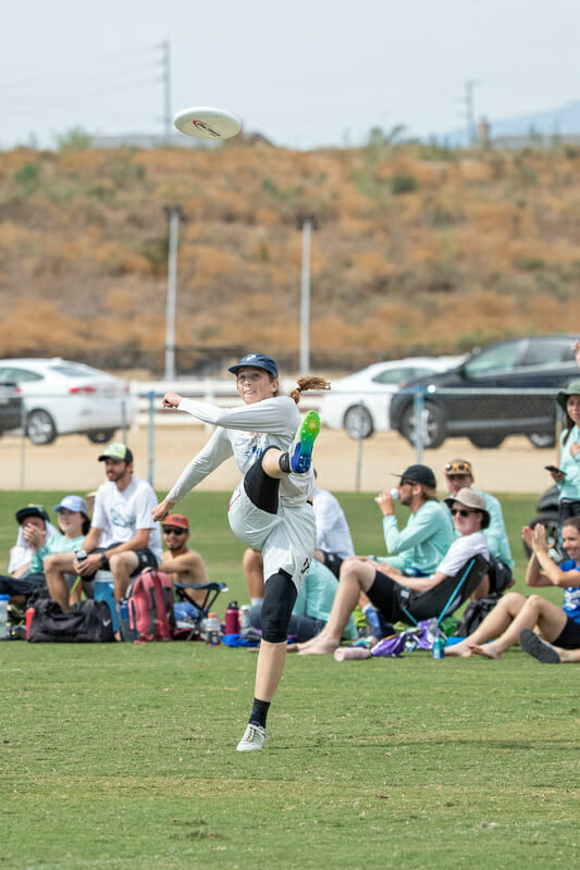 San Francisco Polar Bears' Margot Stert executes an impressive kick spike after catching a goal in the game-to-go at 2019 Southwest Club Regionals. Photo: Rodney Chen -- UltiPhotos.com