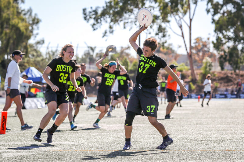 Claire Trop put an exclamation point on Brute Squad's upset of San Francisco Fury in the 2019 Club Championships semifinal. Photo: Paul Rutherford -- UltiPhotos.com