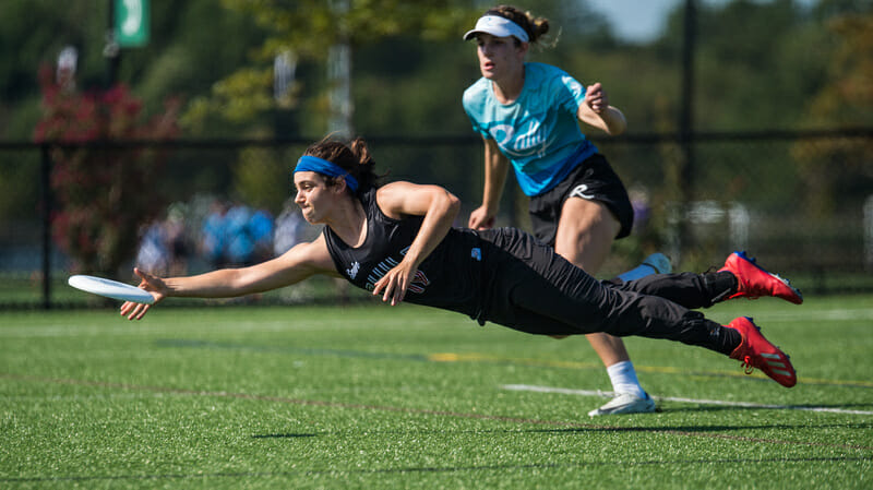 Philadelphia AMP's Anna Thompson makes yet another big play at 2019 Mid Atlantic Club Regionals. Photo: Paul Andris -- UltiPhotos.com