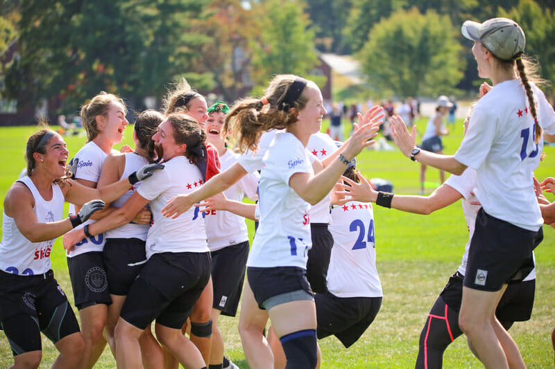 There are few things better than photos of the celebration of a first-time Nationals qualifier, like Boston Siege here at 2019 Northeast Club Regionals. Photo: Bob Durling -- UltiPhotos.com