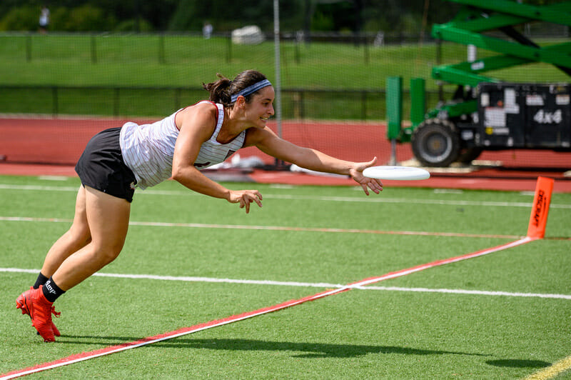 Philadelphia AMP's Raha Mozaffari keeps her feet in bounds in the mixed final at the 2019 Pro Championships. Photo: Sam Hotaling -- UltiPhotos.com