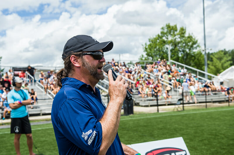 USAU public address announcer Steve Dunn at the 2016 D-I College Championships. Photo: Kevin Leclaire -- UltiPhotos.com
