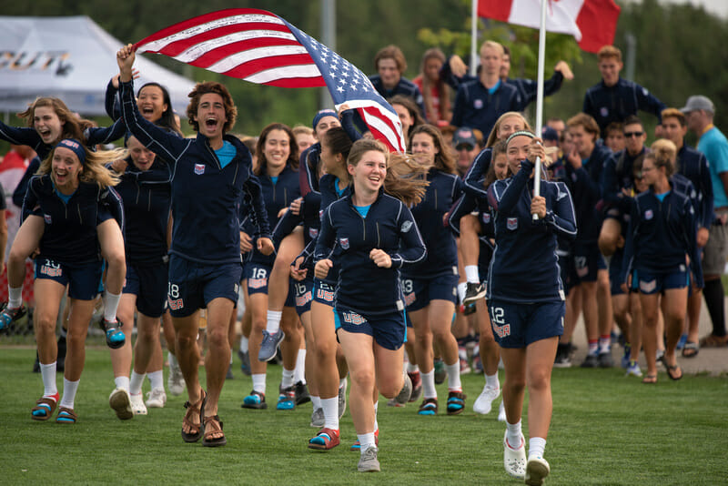 The US National Teams enter the opening ceremonies at the 2018 World Junior Ultimate Championships in Waterloo, Canada. Photo: Jolie J Lang -- UltiPhotos.com