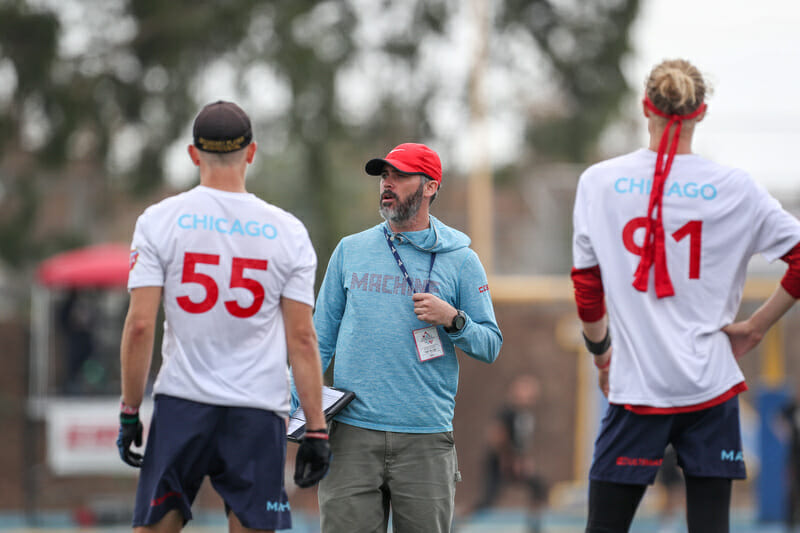 Andy Neilsen addresses the Chicago Machine line during the final of the 2019 Club Championships. Photo: Paul Rutherford -- UltiPhotos.com