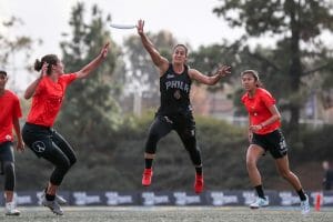 AMP's Raha Mozaffari gets the block in the national title game at the 2019 Club Championships. Photo: Paul Rutherford -- UltiPhotos.com