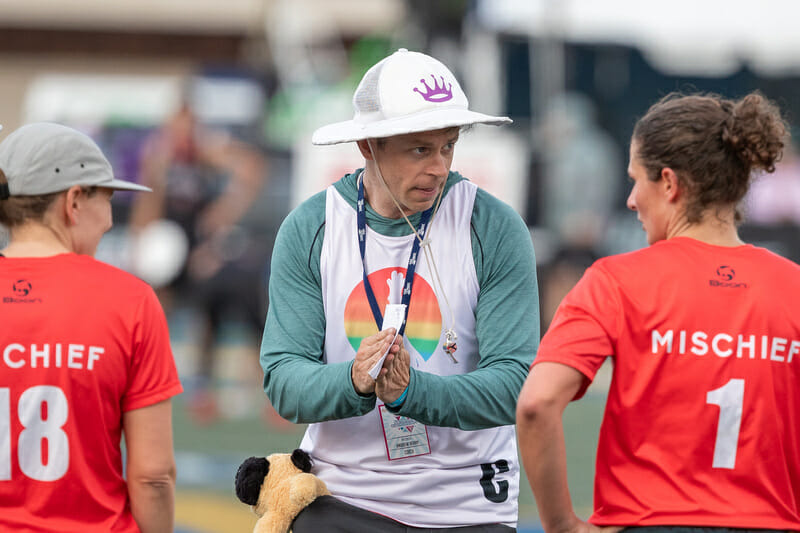 San Franciso Mischief head coach Andrew Berry addresses the line during the 2019 Club Championships final. Photo: Rodney Chen -- UltiPhotos.com