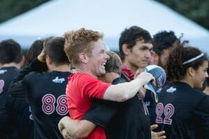 Philadelphia AMP's Patrick Sherlock celebrates his second consecutive national title at the 2019 Club Championships. Photo: Greg Pettus -- UltiPhotos.com