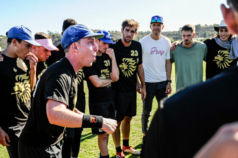 Isaac Saul pumps up the New York PoNY huddle. Photo: Jeff Bell -- UltiPhotos.com