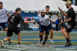 Chicago Machine's Johnny Bansfield gets a block in the 2019 Club Championship final. Photo: Jeff Bell -- UltiPhotos.com