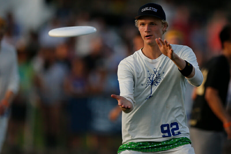 Carleton's Joe White at the 2018 College Championships. Photo: William 'Brody' Brotman -- UltiPhotos.com