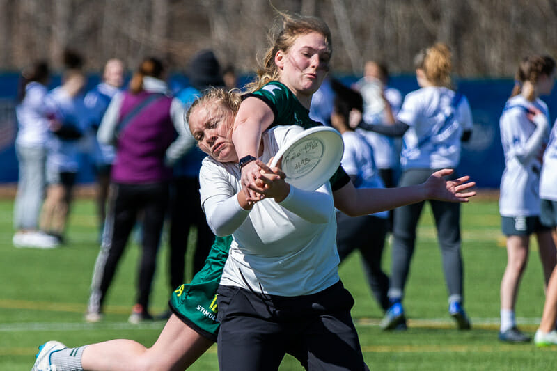 An tough collision as Edina bid for the block in the Girls division of QCTU HS. Photo: Katie Cooper -- UltiPhotos.com