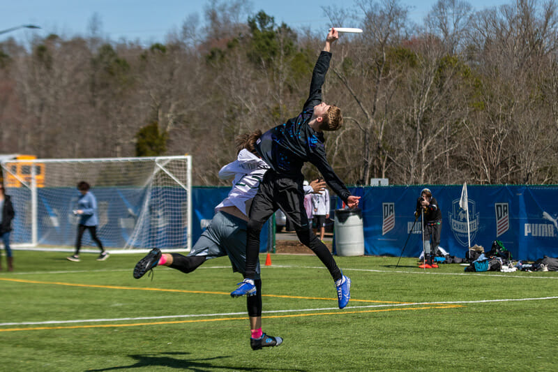 A players goes way up and just misses the catch at QCTU HS. Photo: Katie Cooper -- UltiPhotos.com