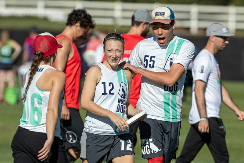 Of all the mixed teams at the Club Championships in 2019, Montana Moondog had the most balance among touches between men and women. Photo: Rodney Chen -- UltiPhotos.com