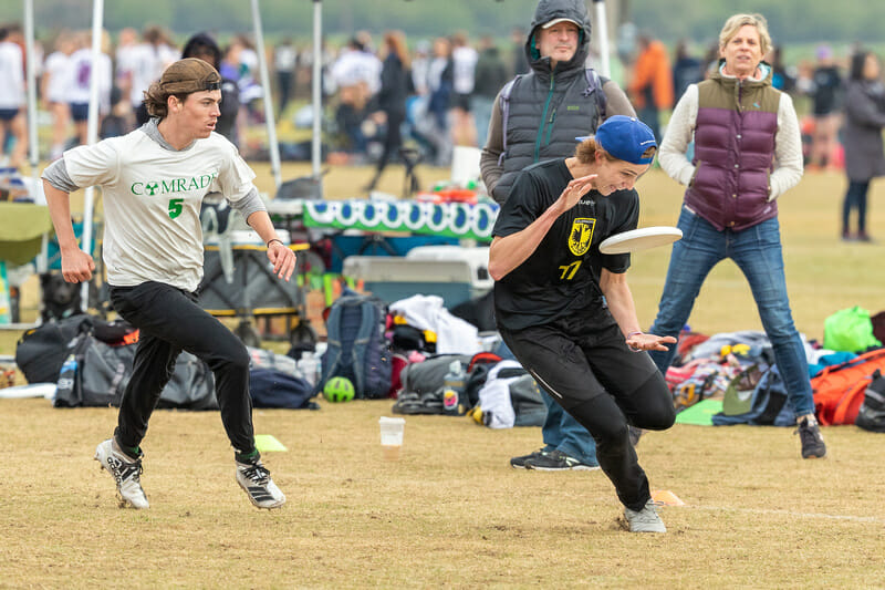 Colorado's Miles Bush cheekily laughs his way into the catch at Stanford Invite 2020. Photo: Rodney Chen -- UltiPhotos.com