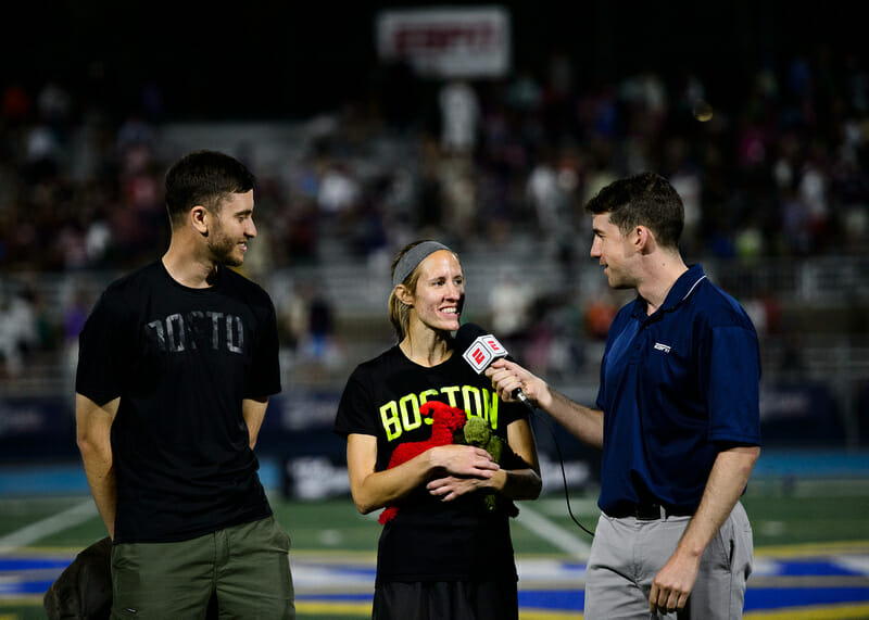 Ariel Jackson and Kami Groom talk to ESPN. Photo: Kevin Leclaire -- UltiPhotos.com