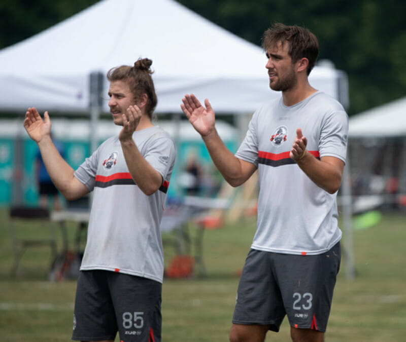 Tom Tullett and Jimmy Mickle on the line together fr Colony at WUCC 2018. Photo: Jolie J Lang -- UltiPhotos.com