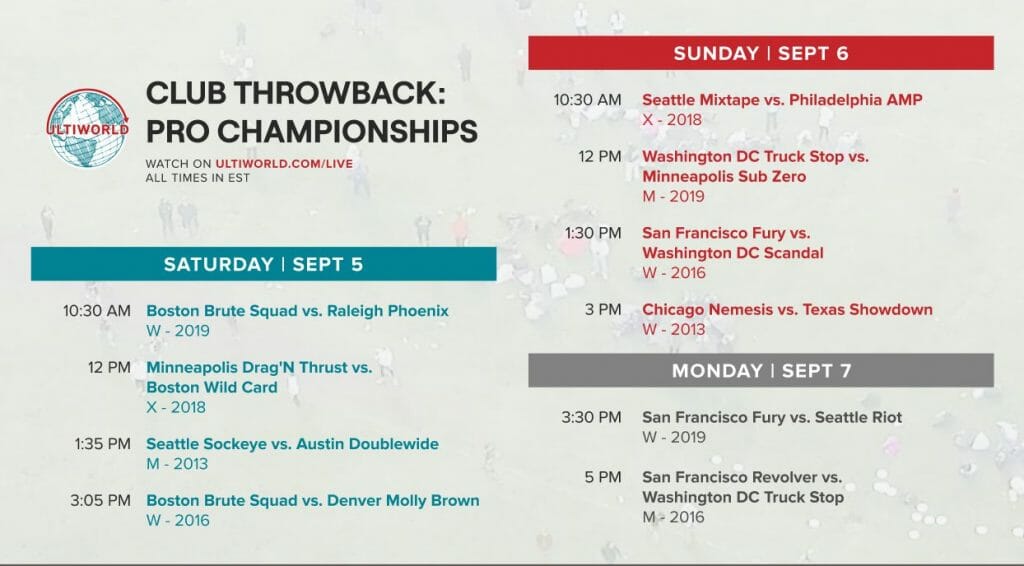 USA Ultimate Pro Championships Club Throwback Streaming Schedue