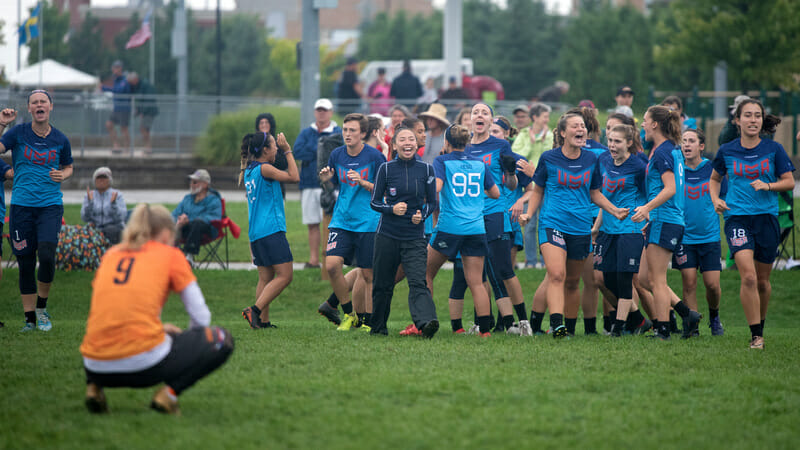 The US girls celebrate a double game point win over Netherlands at wjUC 2018. Photo: Jolie J Lang -- UltiPhotos.com