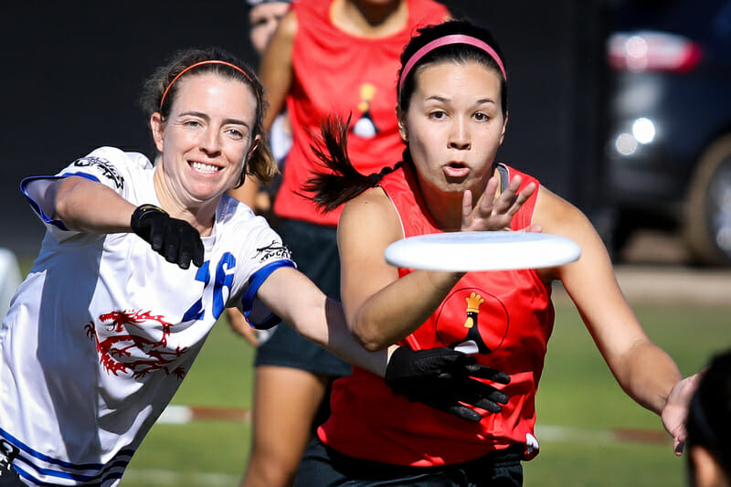 Becca Ludford and Mia Bladin vie for the disc at the 2019 Club Championships. Photo: Kristina Geddert -- UltiPhotos.com