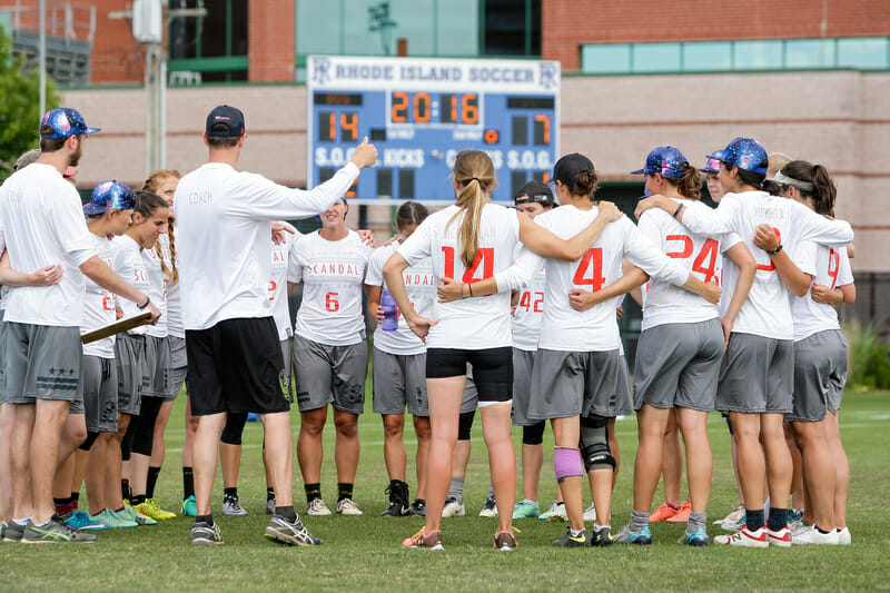 Washington DC Scandal in a huddle during a timeout at the US Open of Ultimate Frisbee 2016.