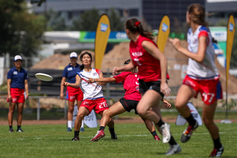 Kelli Iwamoto of United States U24 Women against Canada U24 Women during the WFDF 2019 World Under-24 Ultimate Championships. Photo: Paul Rutherford -- UltiPhotos.com