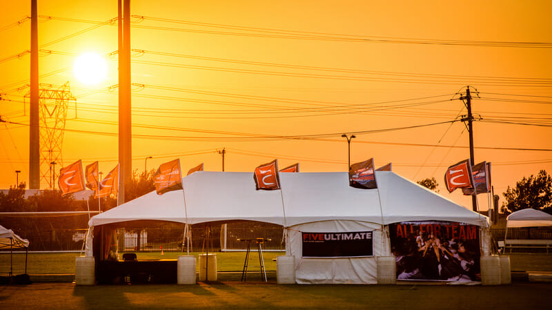 The Five Ultimate tent at the 2015 USAU Club Championships in Frisco, TX. Photo credit: Paul Andris -- UltiPhotos.com