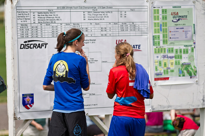 Scores posted at the 2013 USA Ultimate Youth Club Championships in Blaine, MN. Photo credit: Nick Lindeke -- UltiPhotos.com